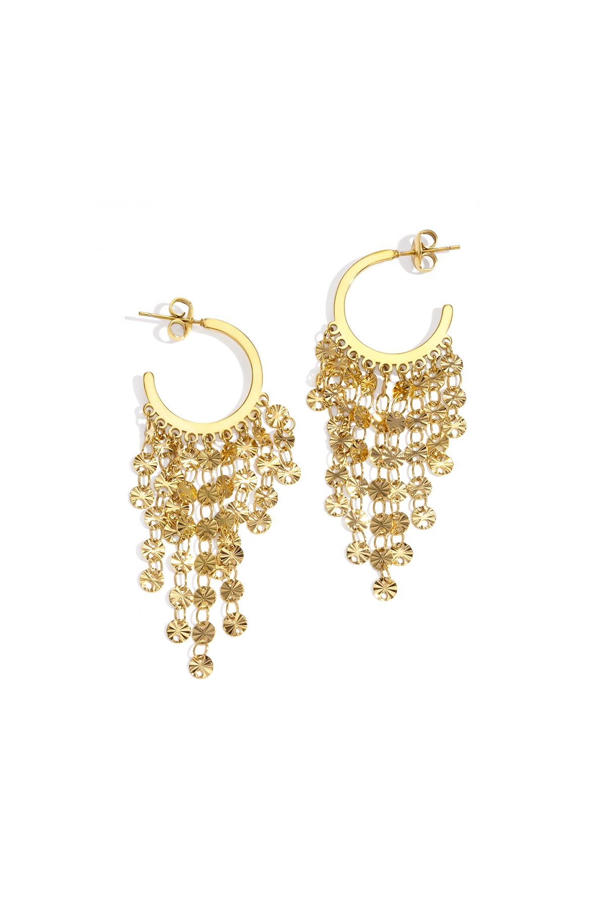 Gold hoop earrings with multiple strands of small, circular, star-shaped charms.
