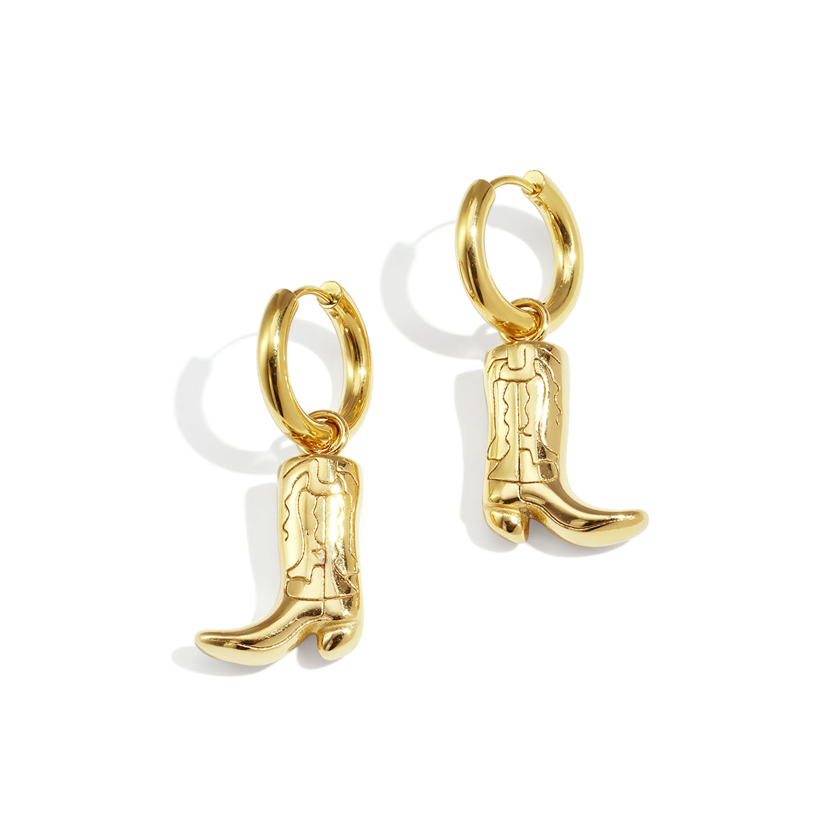 Gold cowboy boot drop earrings with hoop closures