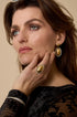 Gold oval statement earrings with rhinestones and a small gold heart top.