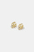 Gold irregular hoop earrings with a small clear stone hanging from each.
