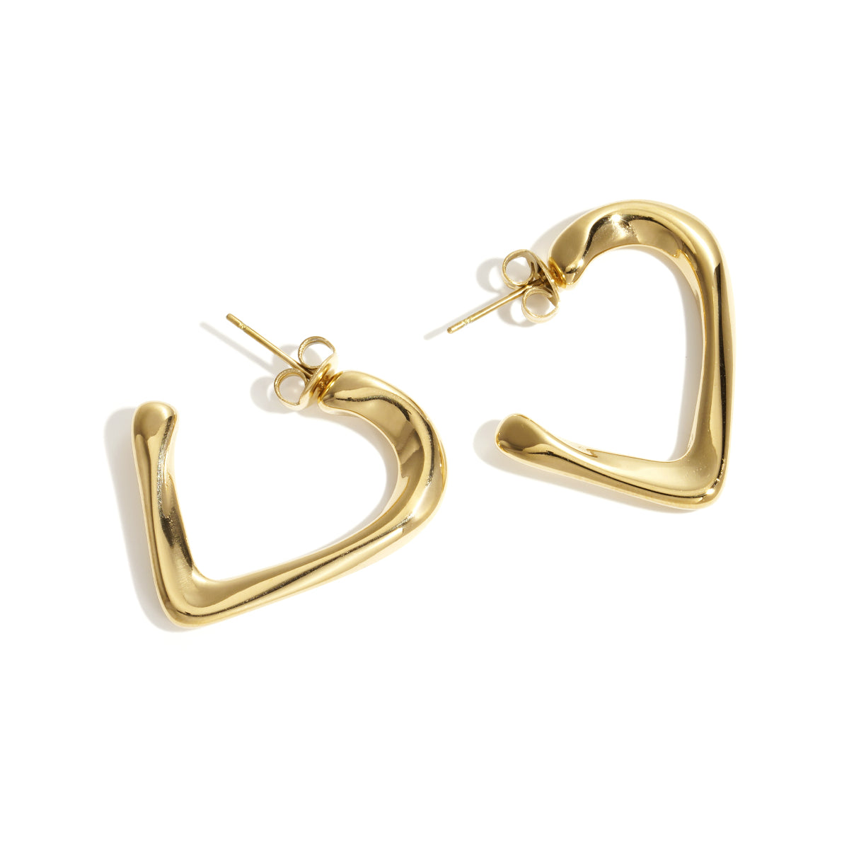 Gold heart hoop earrings with post backs on a white background.