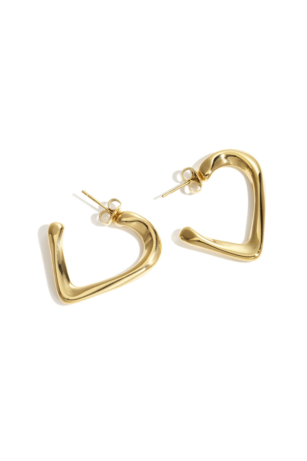 Gold heart hoop earrings with post backs on a white background.