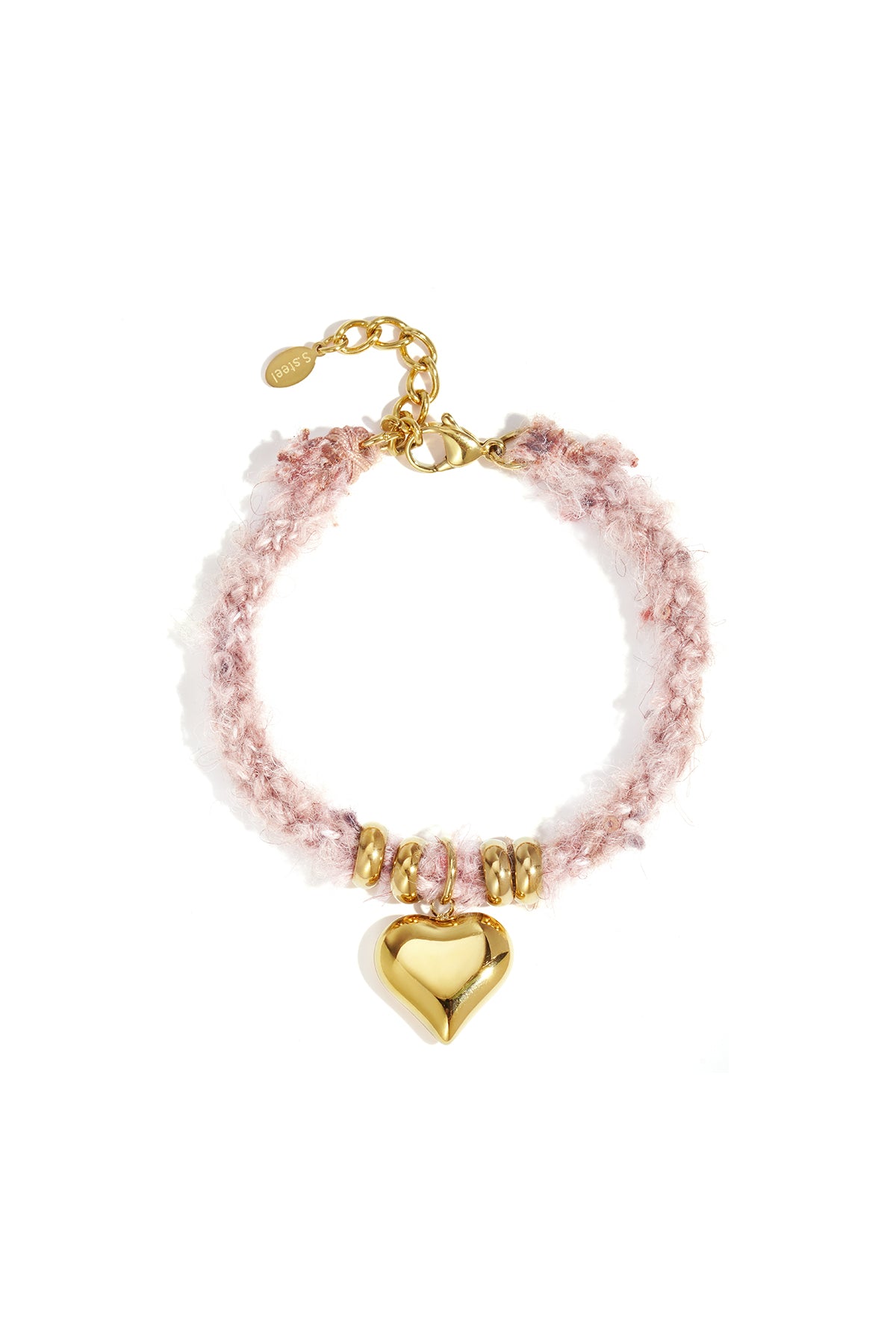 Gold heart charm on a pink textured bracelet with gold bead accents and a gold chain clasp.
