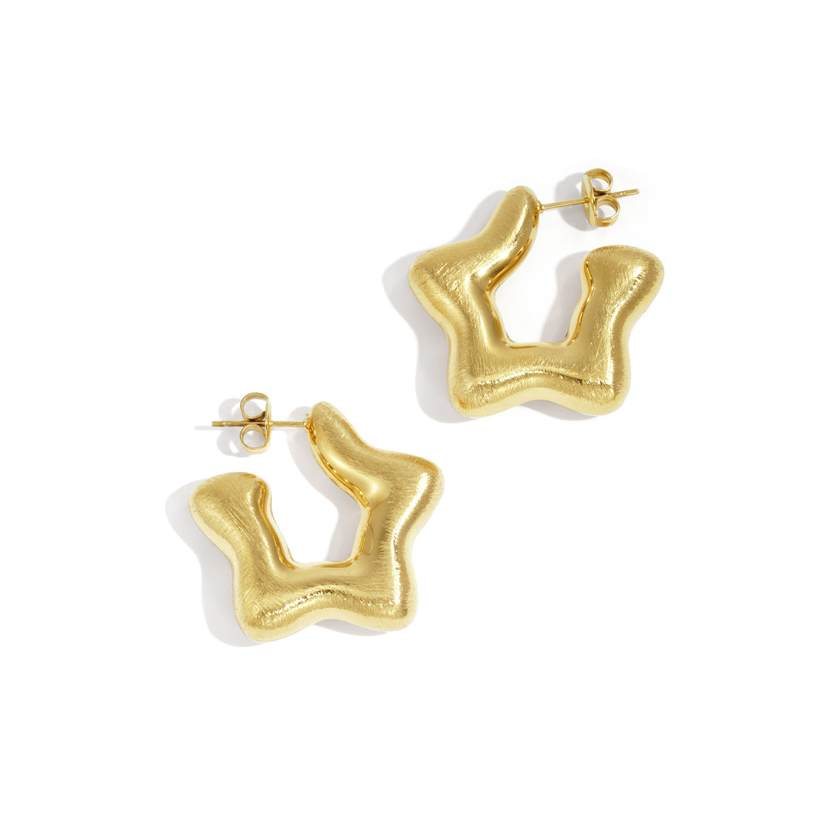 Gold celestial star hoop earrings with a brushed finish.