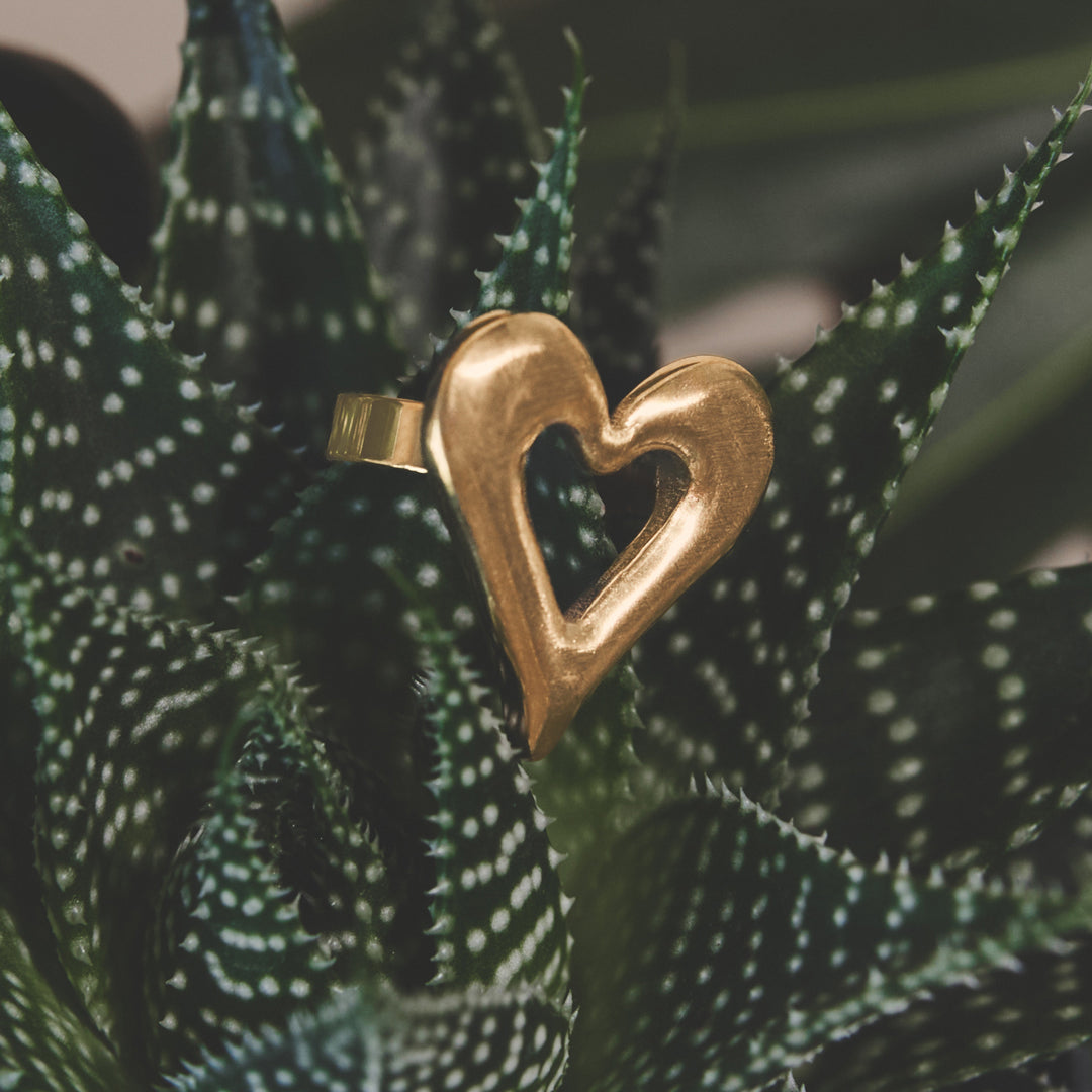 Gold heart-shaped ring resting on a succulent plant.