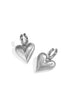 Silver heart drop earrings with a brushed finish and hoop closure.