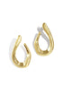 Two irregular shaped gold stud earrings with a brushed finish, casting shadows on a white background.