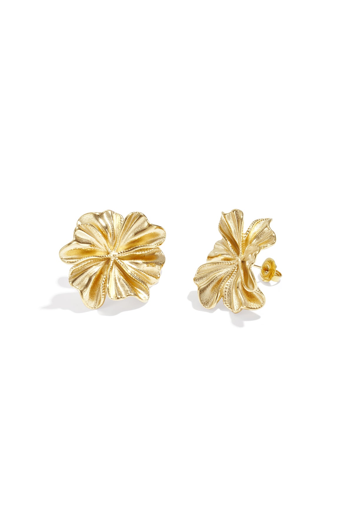 Gold-tone stud earrings shaped like textured flower petals.