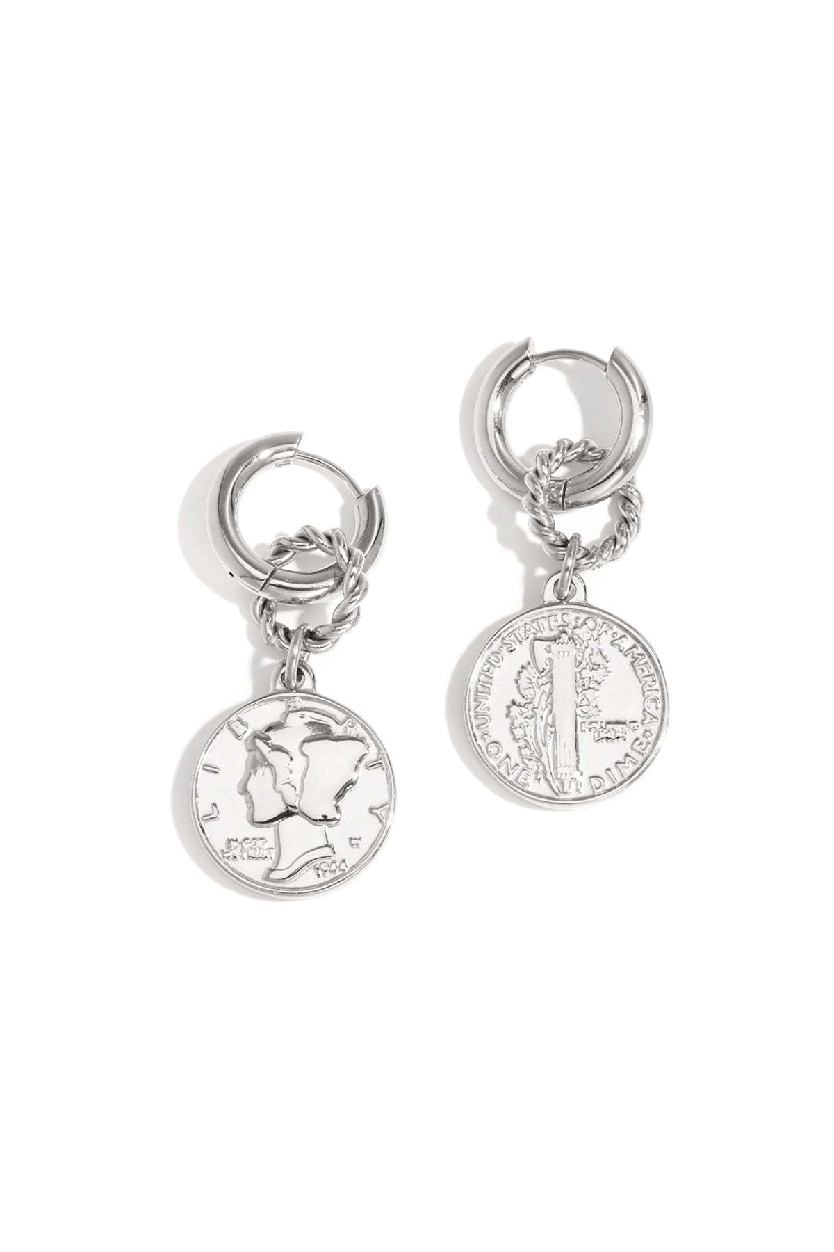 Silver hoop earrings with coin charms featuring a profile of Mercury and a torch.