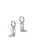 Silver cowboy boot drop earrings with hoop connectors.