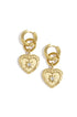 Gold heart drop earrings with a starburst rhinestone accent and double hoop detail.