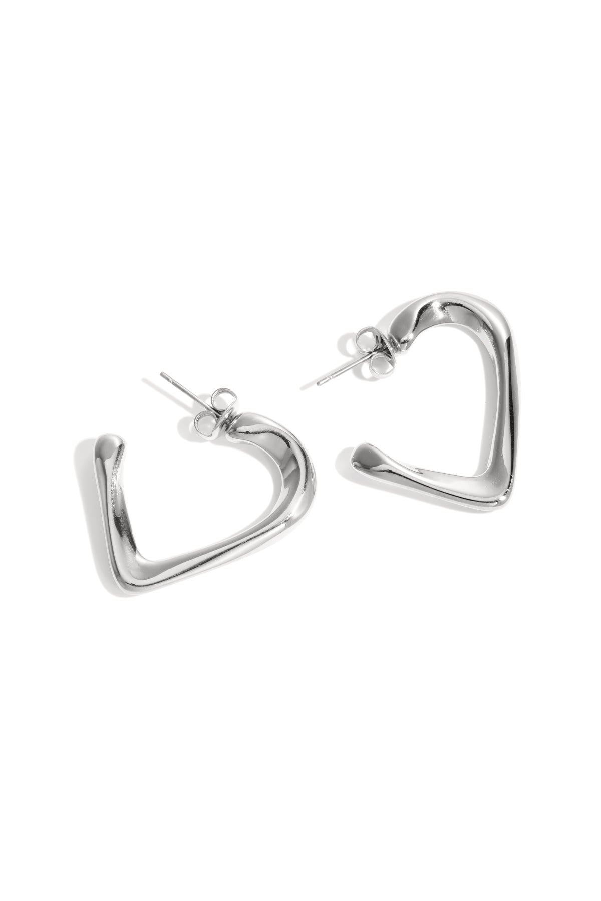 Silver heart-shaped hoop earrings with post backs on a white background.