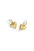 Gold heart drop earrings with hoop closures on a white background.