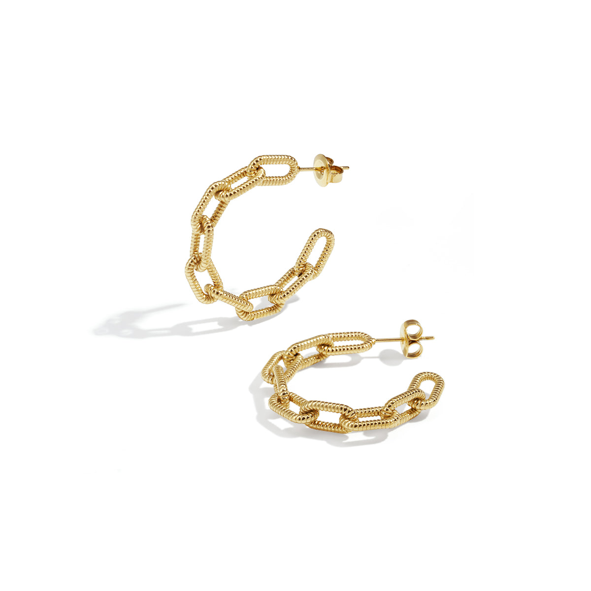 Gold-toned chain link hoop earrings on a white background.