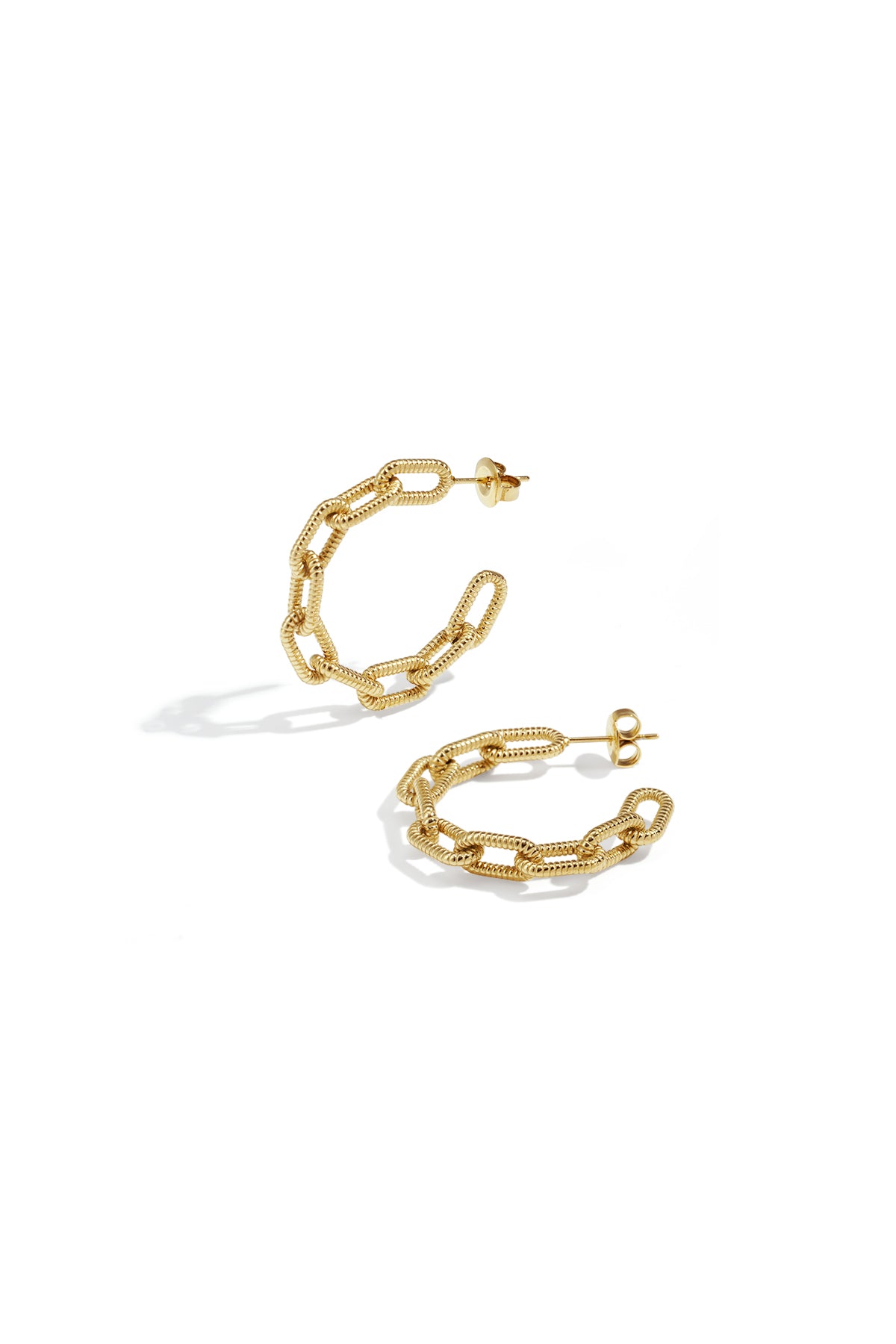 Gold-toned chain link hoop earrings on a white background.