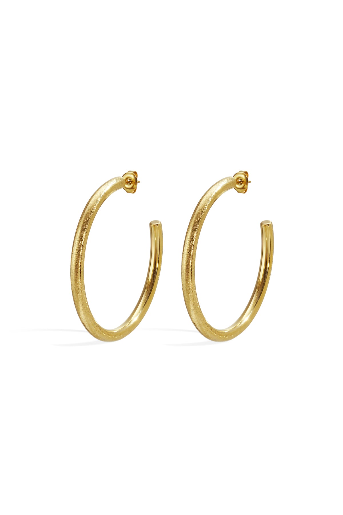 A pair of gold-plated hoop earrings with a brushed finish, presented on a white background.
