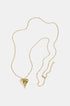 Gold heart pendant necklace with a long chain and clasp closure.