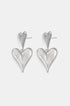 Silver heart drop earrings with a brushed finish, featuring a smaller heart stud connected to a larger dangling heart.