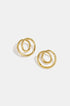Two gold spiral circle stud earrings on a white background.