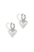 Silver heart drop earrings with hoop clasps on a white background.