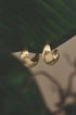 Aurelia Hoop Earrings in gold, shown on a green leaf.