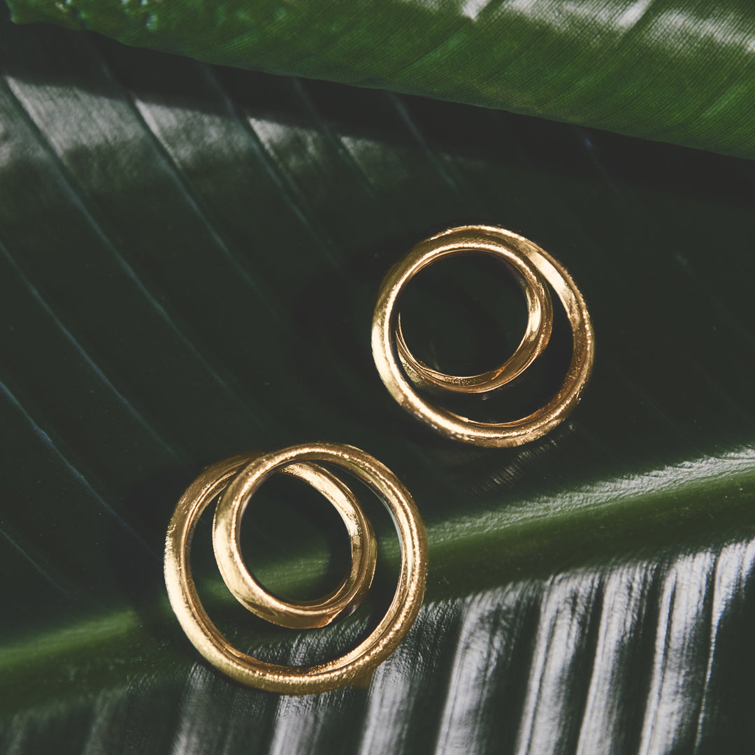 Gold spiral circle stud earrings on a green leaf.