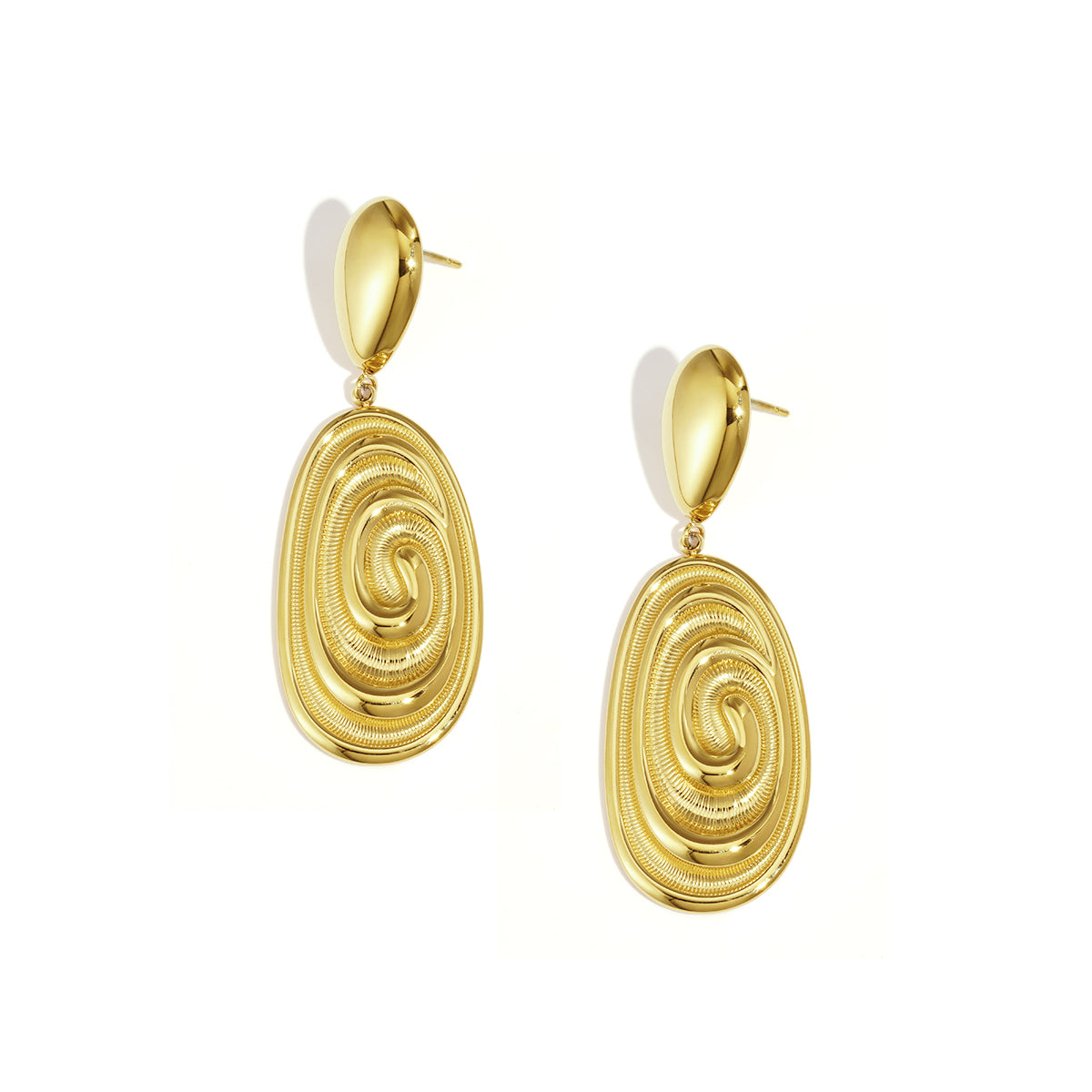 Gold irregular drop earrings with a spiral design and a teardrop stud.