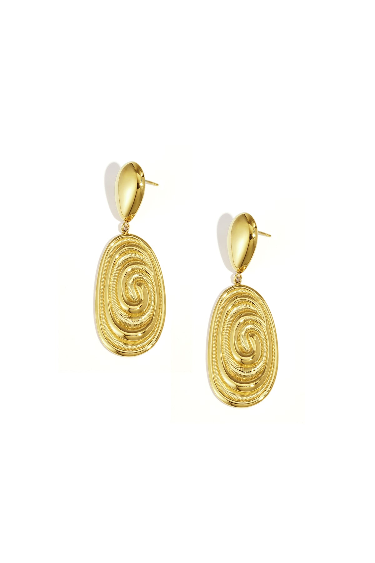 Gold irregular drop earrings with a spiral design and a teardrop stud.