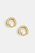 Gold circle stud earrings with a pearl accent inside the circle.