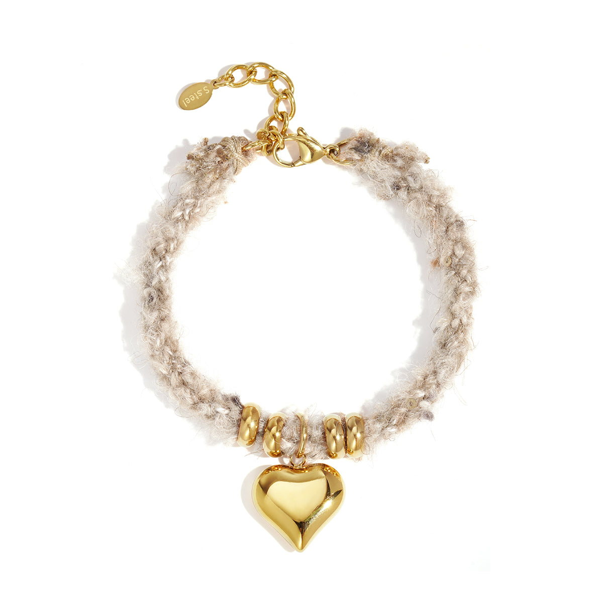 Charming Heart Bracelet with gold heart charm and gold beads on a textured rope band.