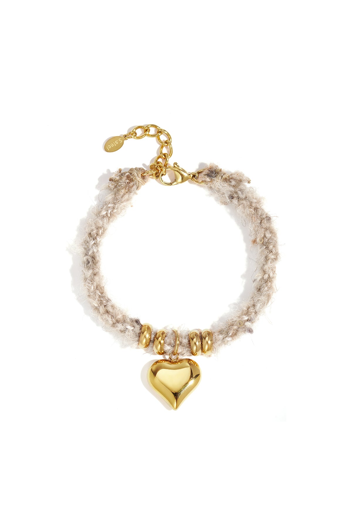 Charming Heart Bracelet with gold heart charm and gold beads on a textured rope band.