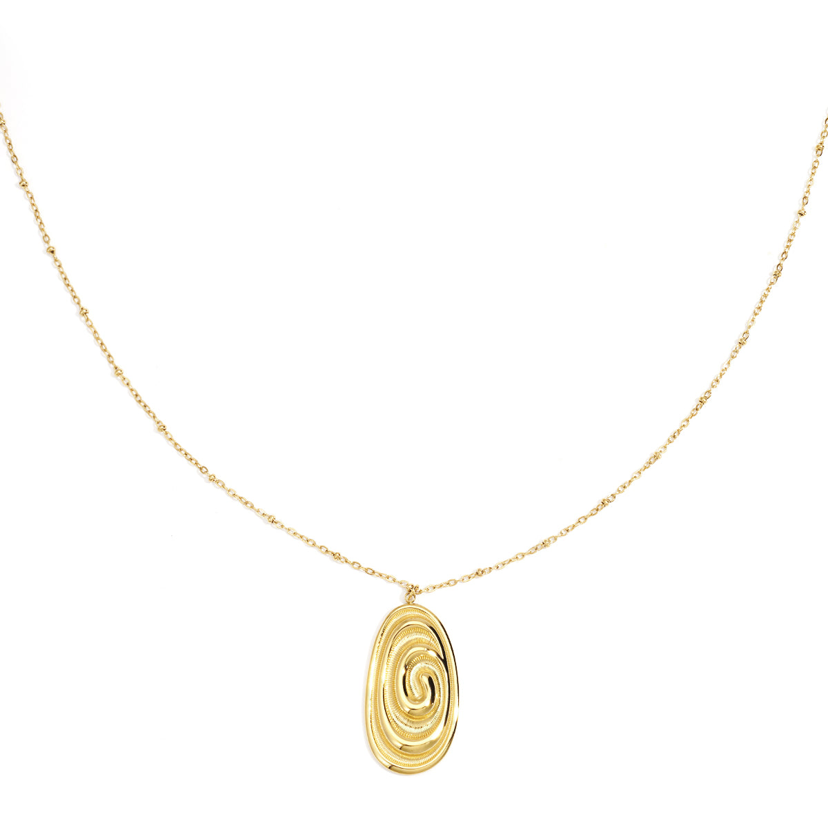 Gold necklace with a long chain and an oval pendant featuring a spiral design.
