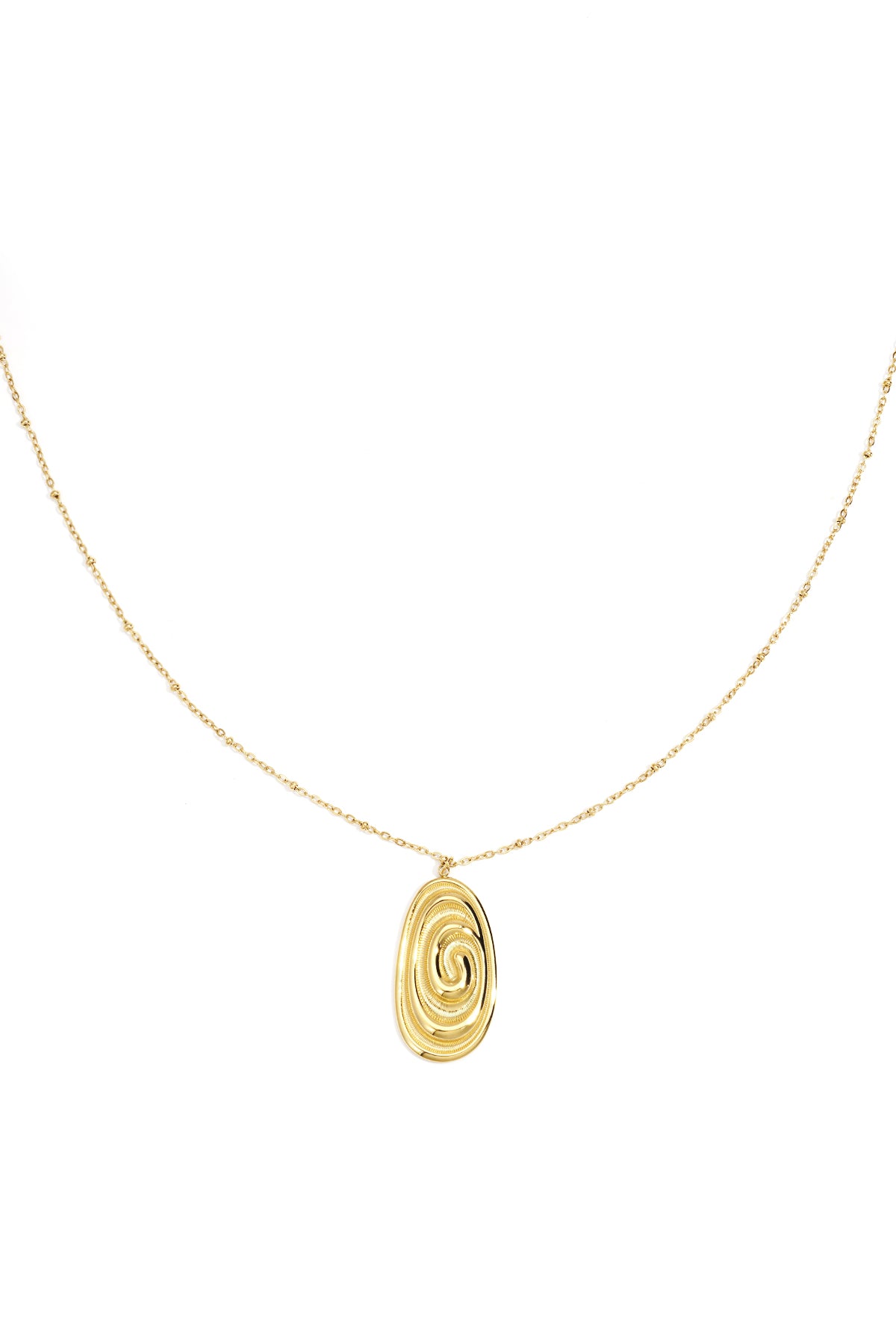 Gold necklace with a long chain and an oval pendant featuring a spiral design.