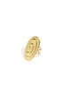 Gold ring with an oval, spiral-shaped design and an adjustable band.