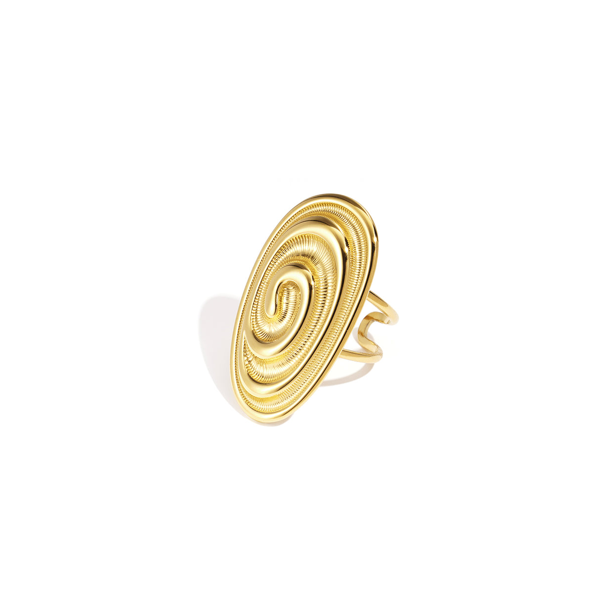 Gold ring with an oval, spiral-shaped design and an adjustable band.