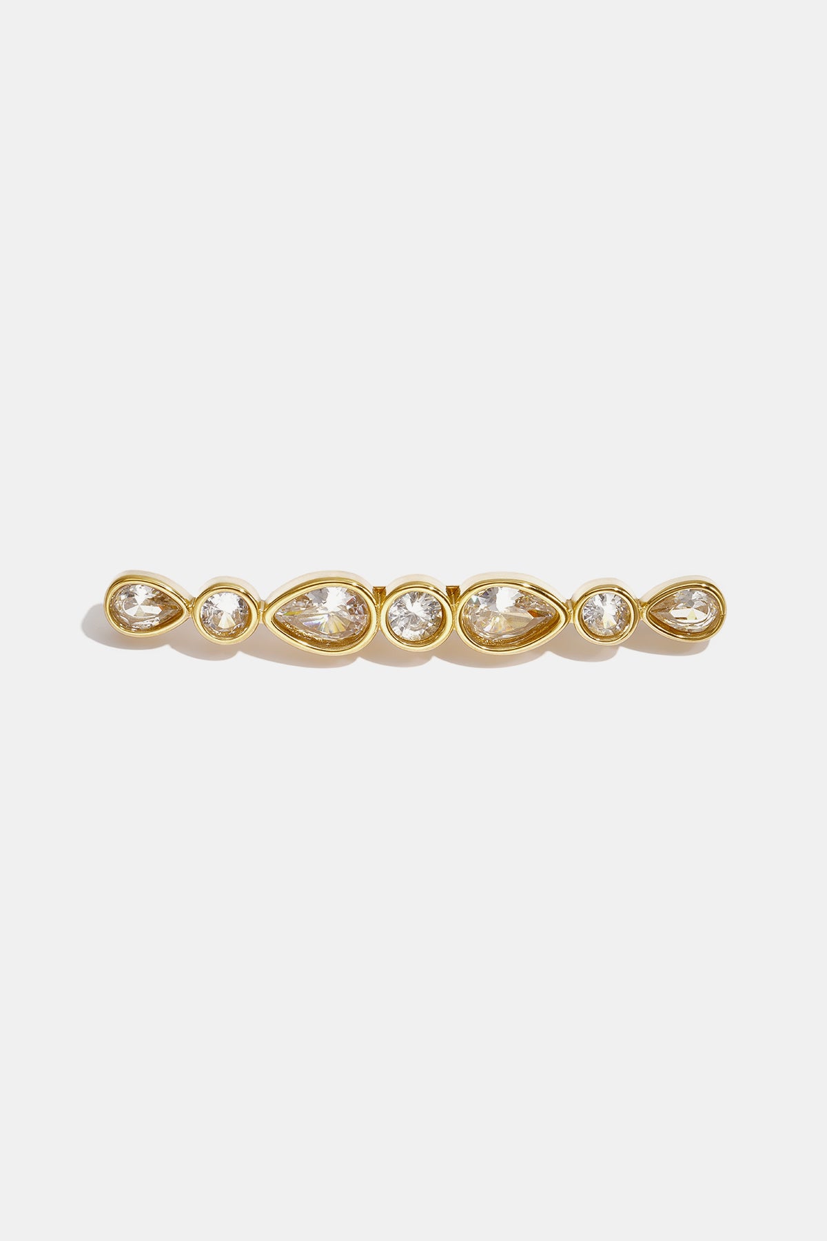 Gold brooch with alternating droplet and circular clear rhinestones.