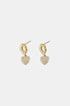 Gold heart drop earrings with clear stones and textured gold hoops.