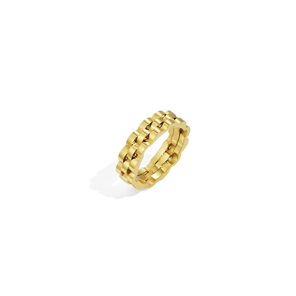 Gold-colored stainless steel ring with an irregular, chain-link design.