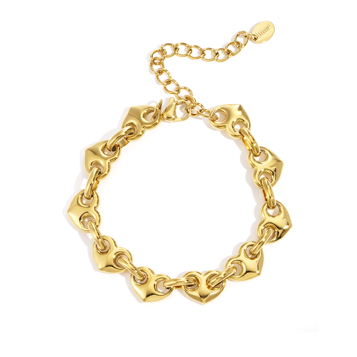 Gold-toned bracelet with heart-shaped links and an adjustable clasp.
