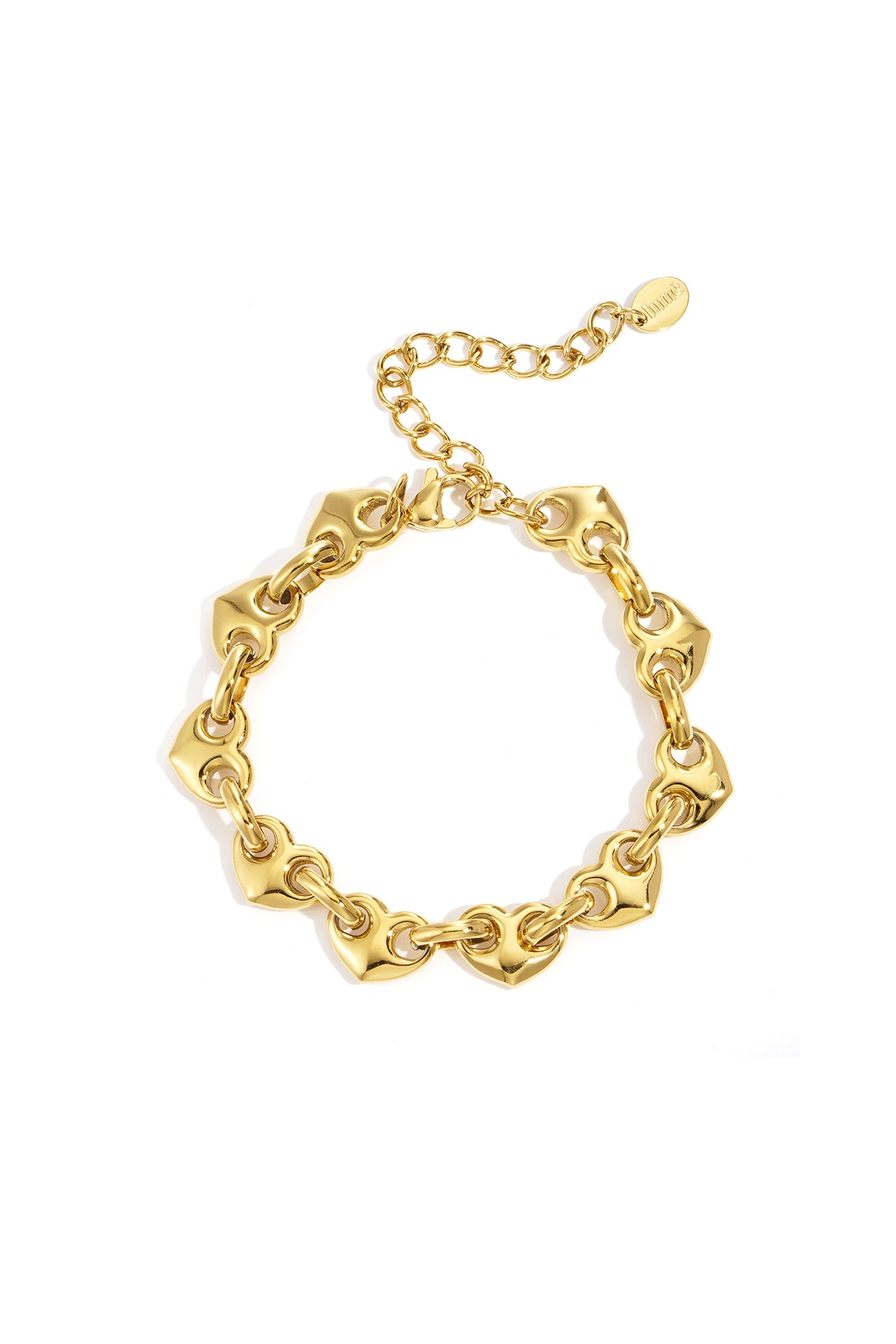Gold-toned bracelet with heart-shaped links and an adjustable clasp.
