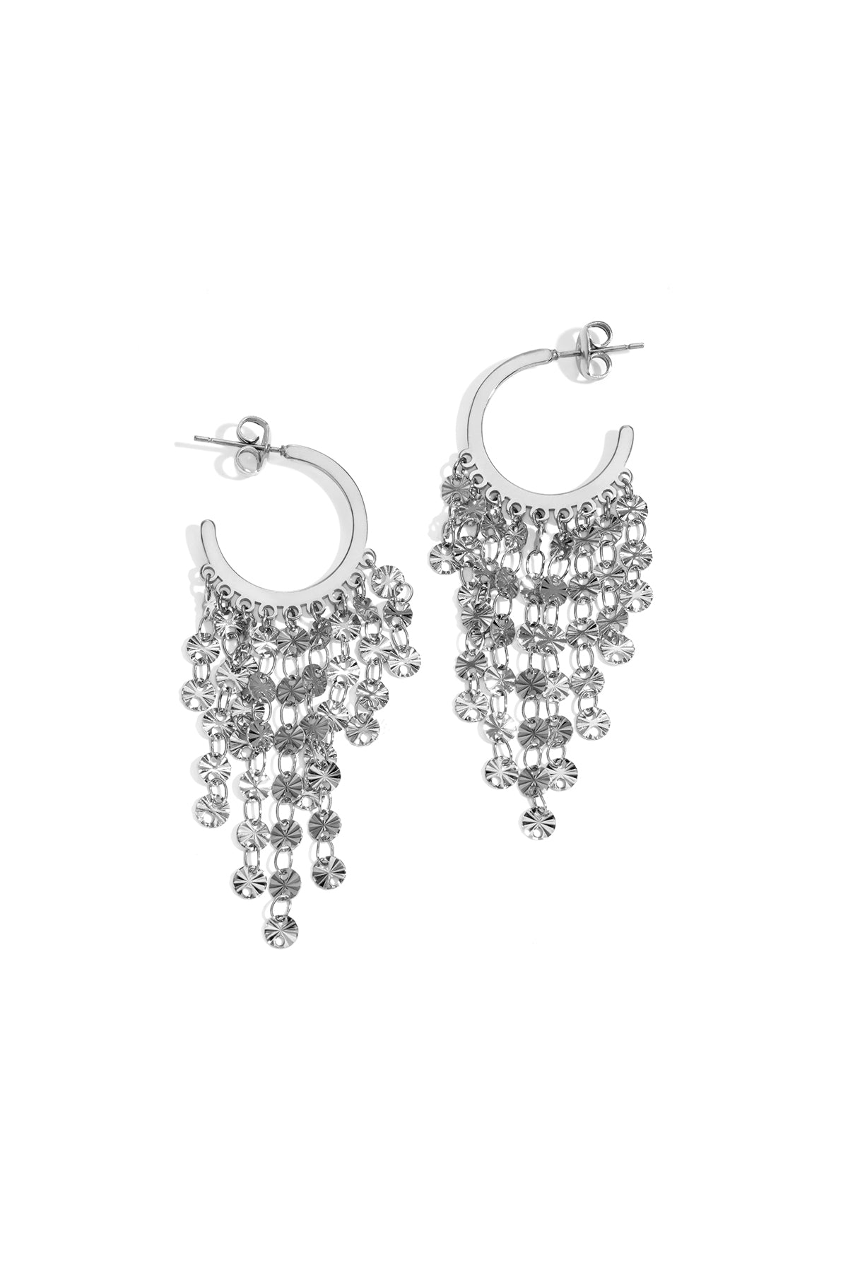 Silver hoop earrings with multiple strands of dangling circular charms.