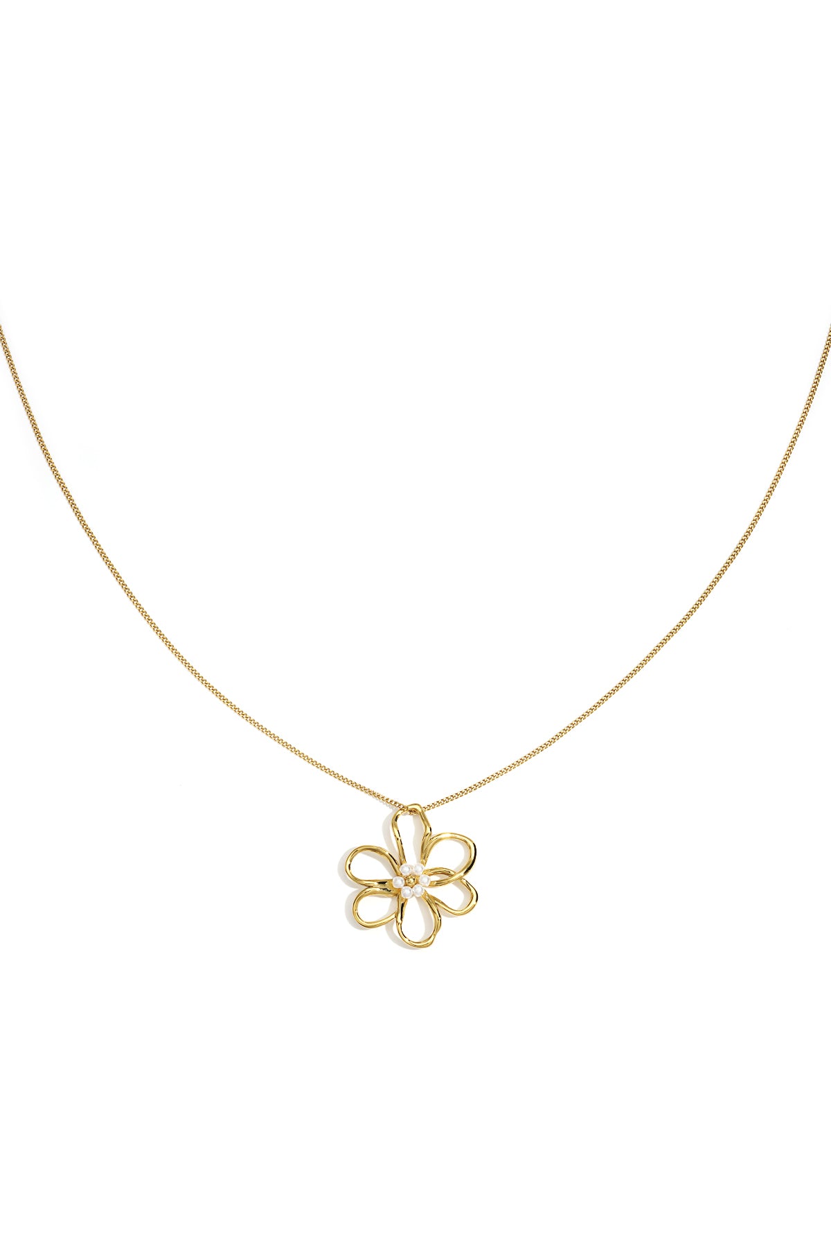 Gold necklace with a delicate flower pendant adorned with small pearls.