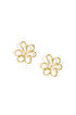 Gold flower stud earrings with small pearls in the center, on a white background.