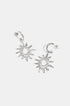 Silver sun-shaped drop earrings with pointed rays and a circular center.