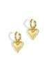 Gold heart drop earrings with a brushed finish on a white background.