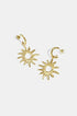 Gold-toned sun-shaped drop earrings with pointed rays and a circular center.