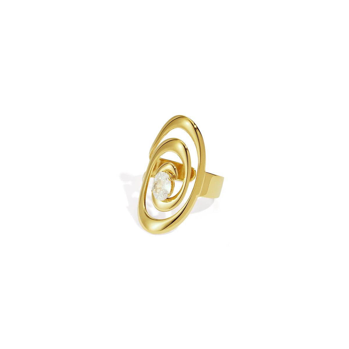 Gold ring with intertwined oval shapes and a central zircon stone.