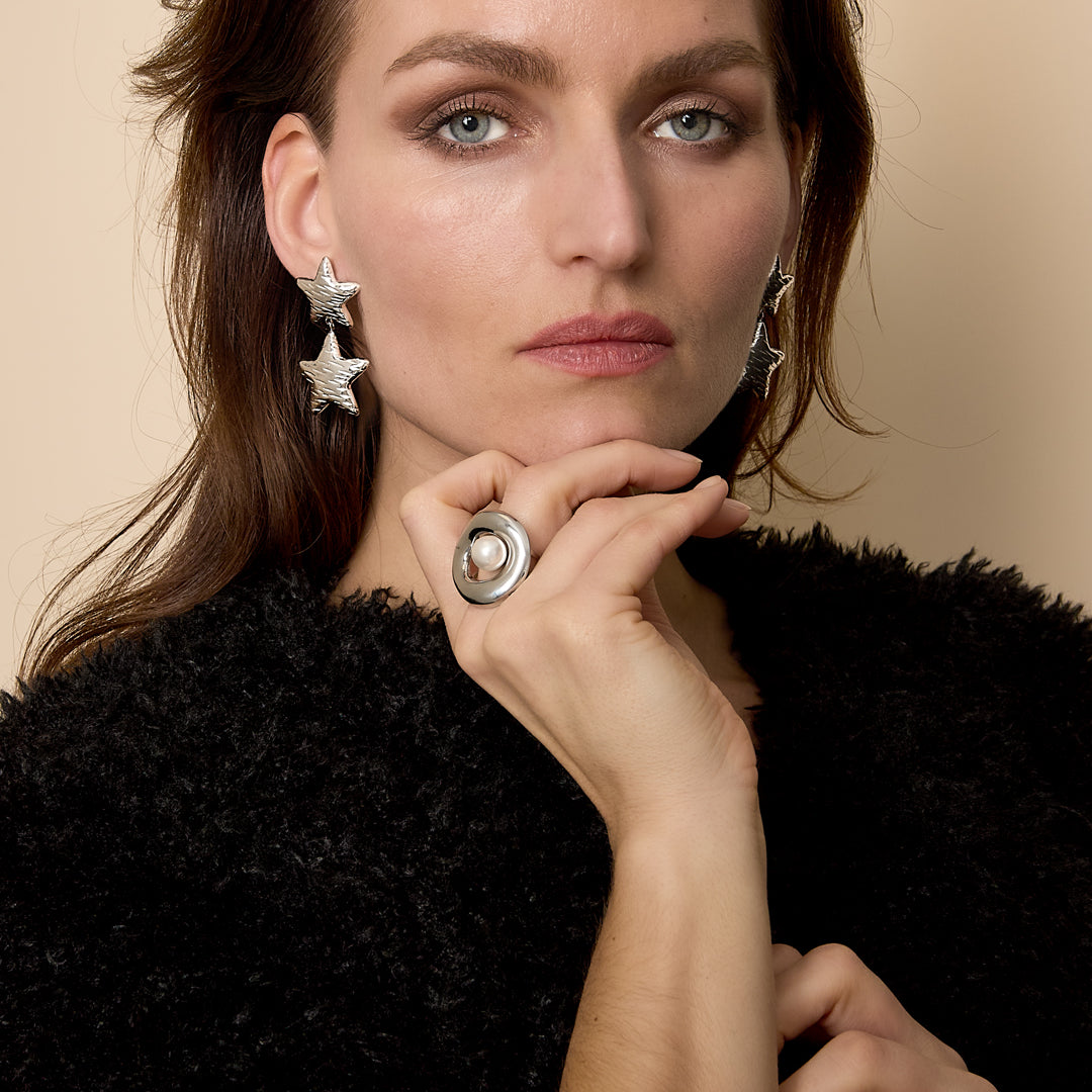 Celestial Star Drop Earrings with pearl ring and stacked bracelets