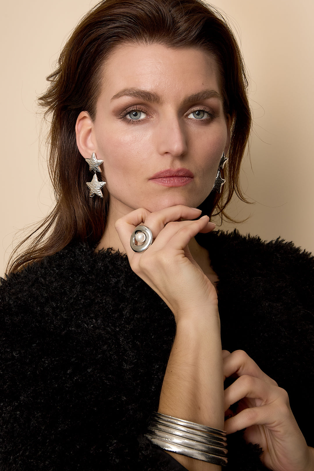 Celestial Star Drop Earrings with pearl ring and stacked bracelets