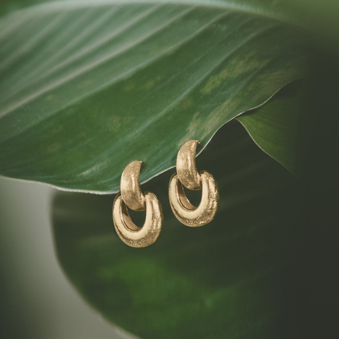 Elysian Link Earrings in matte gold finish, resting on a green leaf.